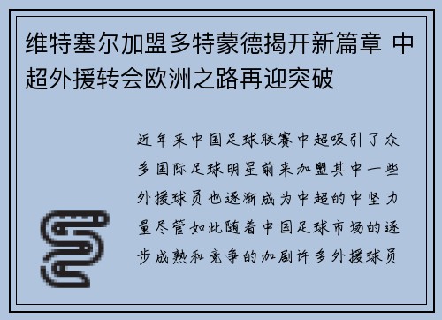 维特塞尔加盟多特蒙德揭开新篇章 中超外援转会欧洲之路再迎突破